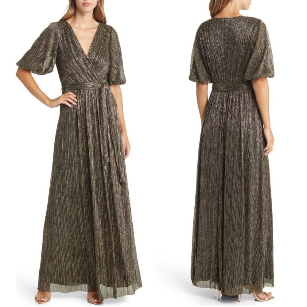 NWT ELIZA J Metallic Puff Sleeve Faux Wrap Maxi Dress - Women's Size 10